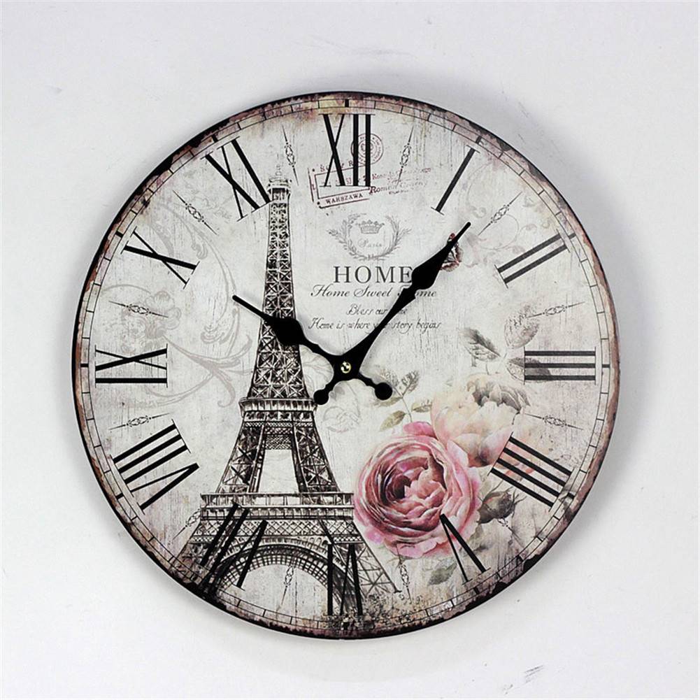 1001x1001 Wall Clock Paris Eiffel Tower Retro Wood Home Decor Roman Numeral