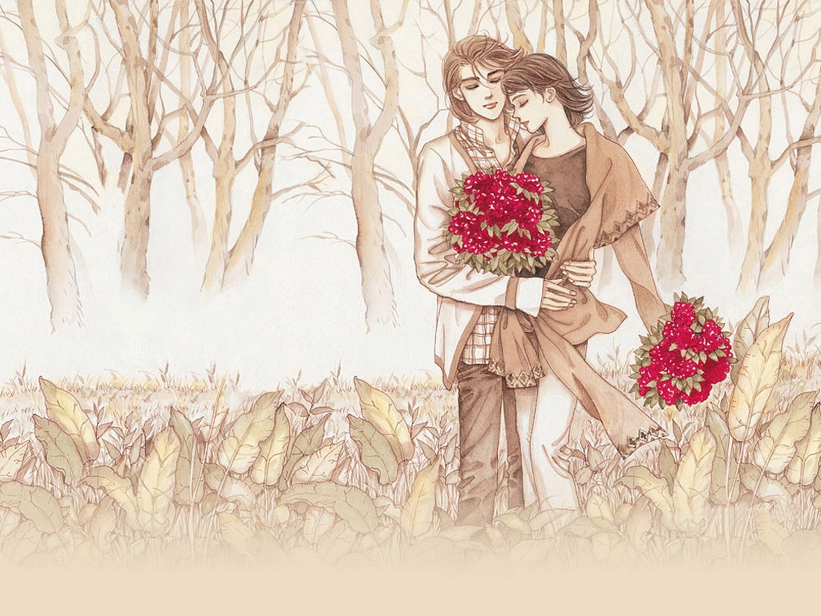 1600x1200 Romantic Couple Drawing With Red Flower Wallpaper Hd Wallpapers
