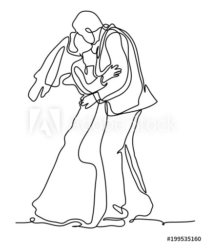 418x500 Bride And Groom, Kissing Romantic Married Couple. Continuous Line