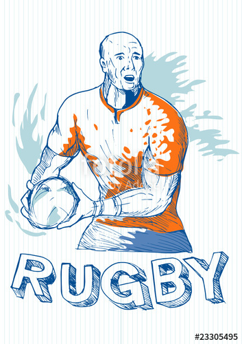 353x500 Drawing Of A Rugby Player Running And Passing Ball Stock Image