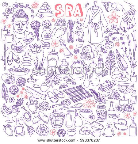 450x470 Spa Doodle Set. Hand Drawn Aromatherapy, Body Care, Beauty Salon