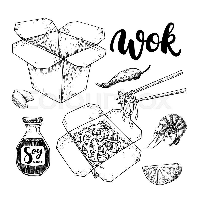 800x800 Wok Vector Drawing With Lettering. Isolated Chinese Box