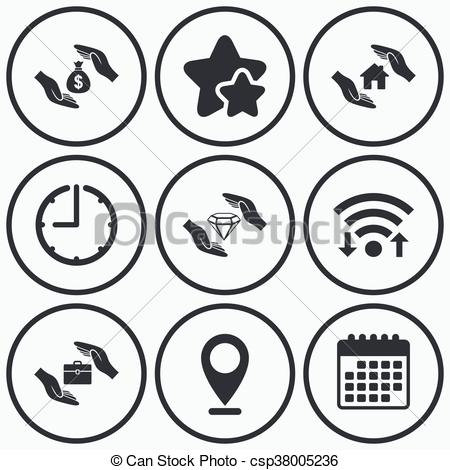 450x470 Hands Insurance Icons. Money Savings Sign. Clock, Wifi