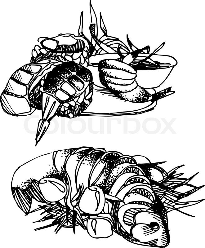 661x800 Black Vector Illustration Of Seafood, Fishes And Sushi Stock