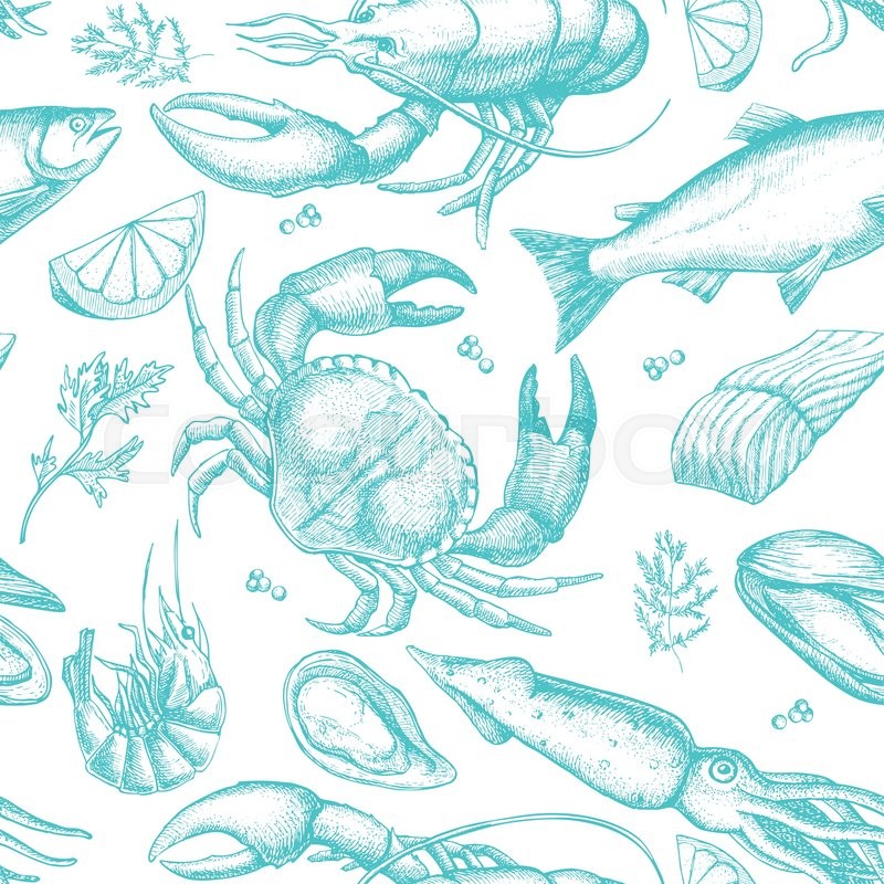 800x800 Vector Hand Drawn Seafood Pattern. Vintage Illustration Stock