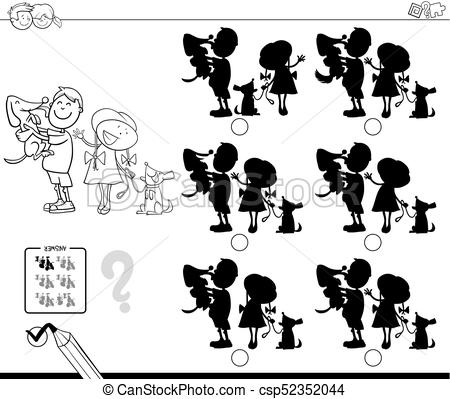 450x399 Shadows With Kids And Dogs Coloring Book. Black And White Cartoon