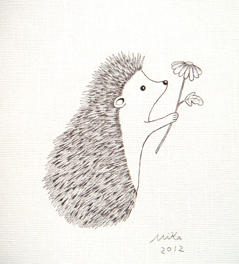 800x885 Print Of Original Ink Drawing Love Illustration Hedgehog Flower
