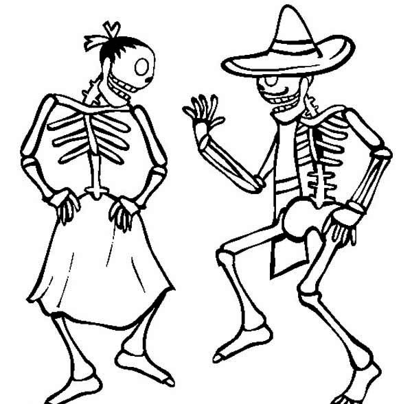 600x589 Couple Skeleton Dancing Coloring Page