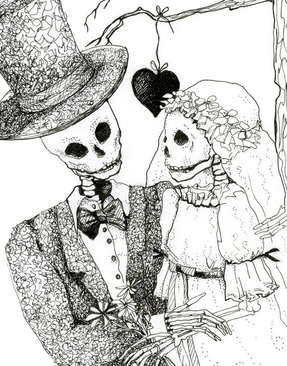 570x727 Day Of The Dead Art Drawing Print Skeleton Bride And Groom