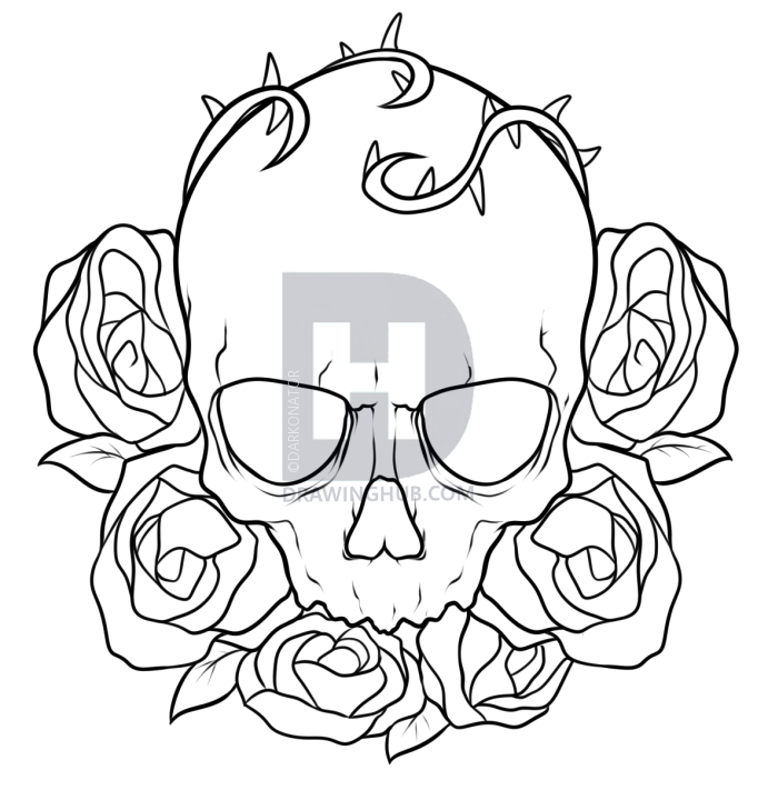 691x720 How To Draw A Skull And Roses Tattoo, Step By Step, Drawing Guide