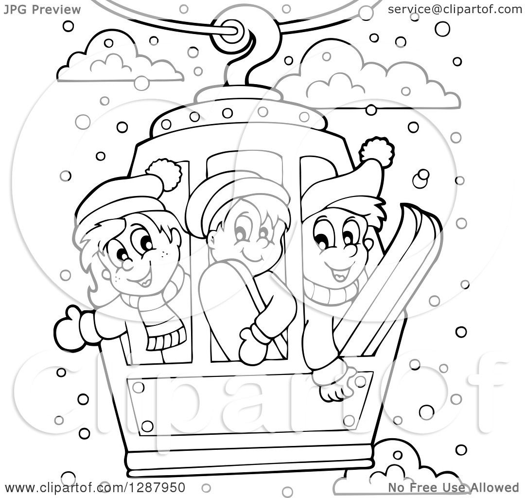 1080x1024 Clipart Of Black And White Happy Children Riding In A Ski Lift
