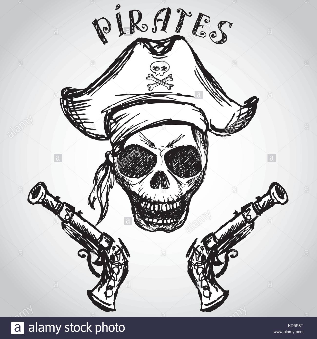 1300x1390 Pirate Skull With Hat And Pistols, Hand Drawing, Vector Stock