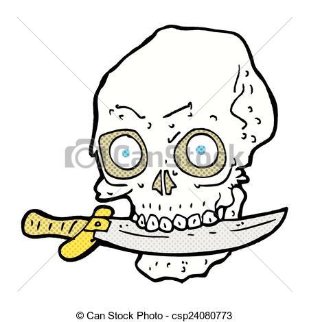 450x470 Comic Cartoon Pirate Skull With Knife In Teeth. Retro Comic