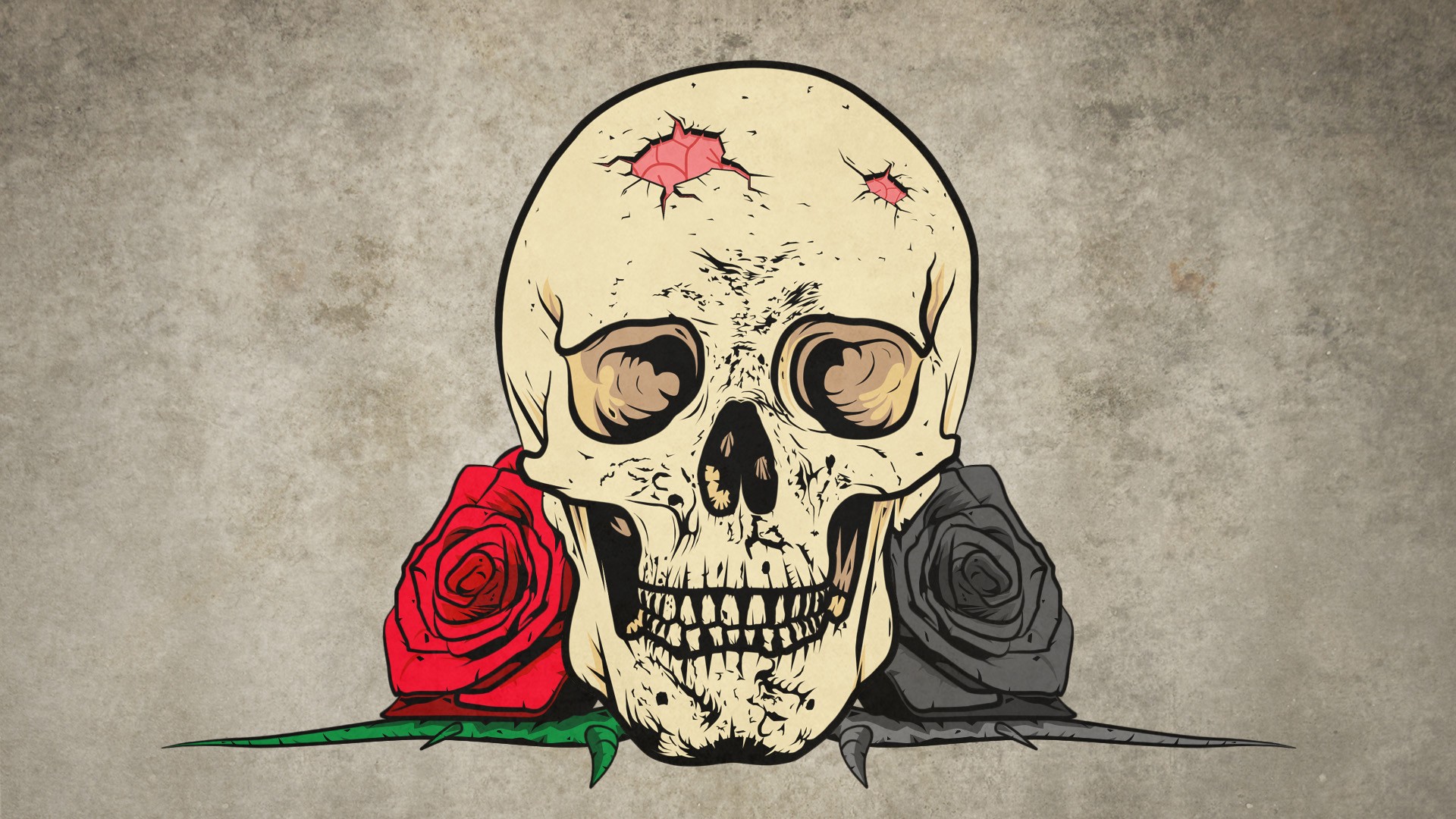 1920x1080 Rose, Thorns, Digital Art, Drawing, Skull, Teeth