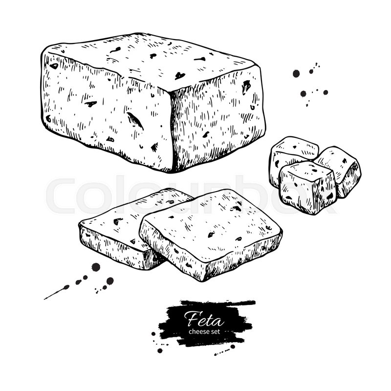 800x800 Greek Feta Cheese Block Drawing. Vector Hand Drawn Food Sketch