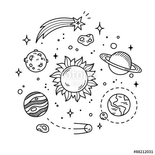 500x500 Hand Drawn Solar System With Sun, Planets, Asteroids And Other