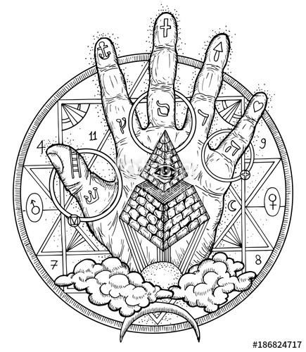 435x500 Graphic Illustration With Hand Palm And Mystic Symbols
