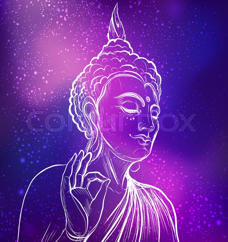755x800 Buddha. Vector Illustration Over Night Sky. Sketchy Style,hand