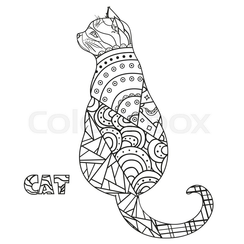800x800 Cat. Zentangle. Hand Drawn Cat With Abstract Patterns On Isolation