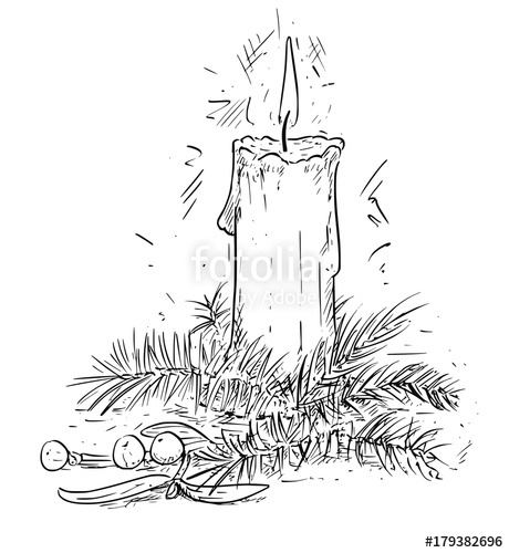 460x500 Christmas Candle With Spruce And Mistletoe Branches Drawing Vector