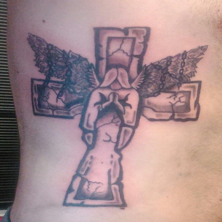 873x873 Stone Cross And Angel Rib Tattoo Tattoos Done By Me
