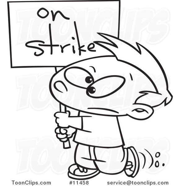581x600 Cartoon Line Drawing Of A Boy Carrying An On Strike Sign