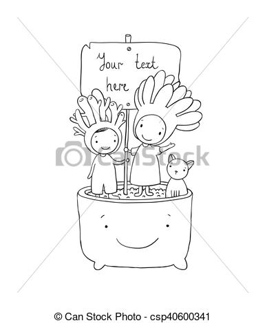 385x470 Two Fairies Succulent, Cat And Pot. Hand Drawing Isolated Eps