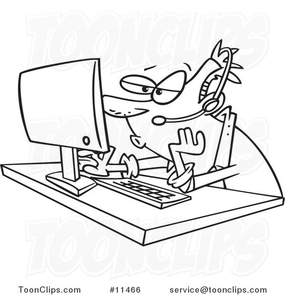 581x600 Cartoon Line Drawing Of A Tech Support Worker Blowing Bubble Gum