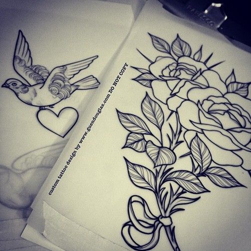 500x500 Rose And Swallow Tattoo Outline Drawings By Guen Douglas Tattoo