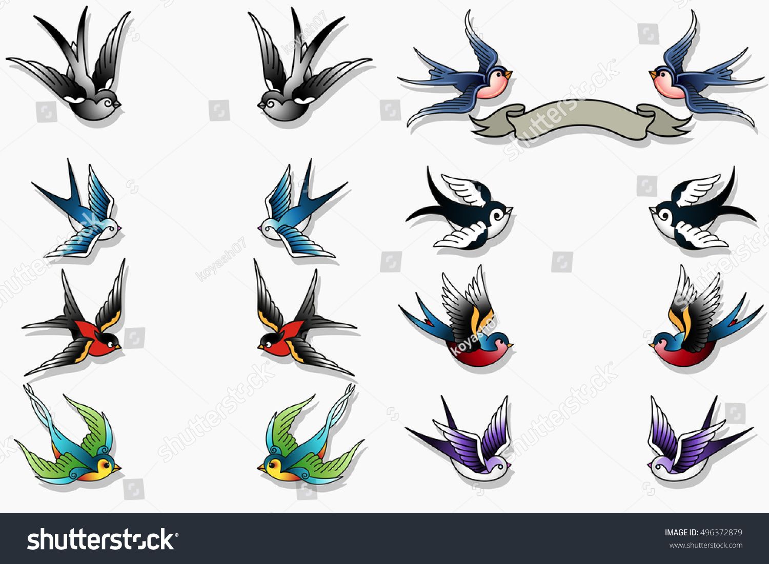 1500x1101 Traditional Tattooing Style Swallows Set Birds, Sparrows Drawing