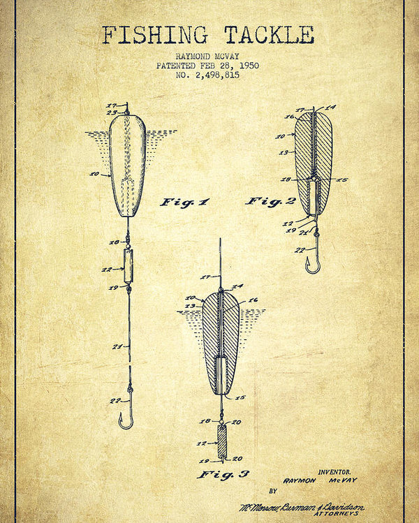 600x749 Vintage Fishing Tackle Patent Drawing From 1950 Poster By Aged Pixel