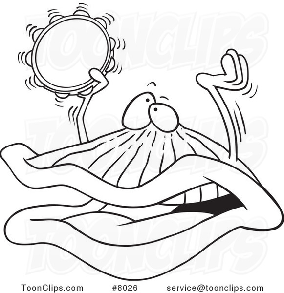 581x600 Cartoon Black And White Line Drawing Of A Clam Playing A Clam