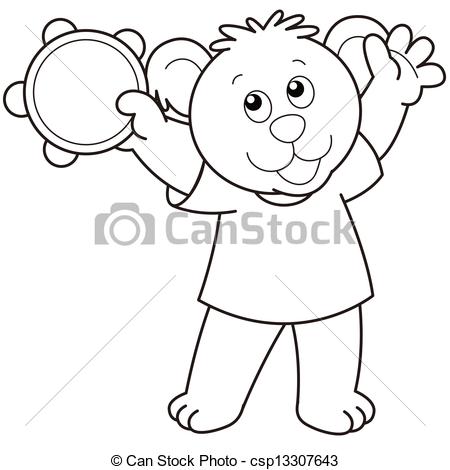 450x470 Cartoon Bear Playing A Tambourine.black And White Eps Vector