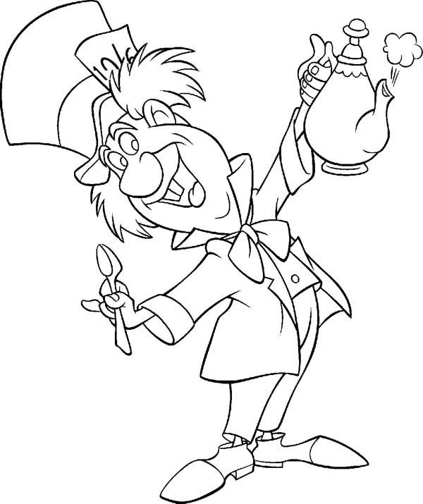 600x715 Mad Hatter, Mad Hatter With Teapot And Spoon Coloring Page