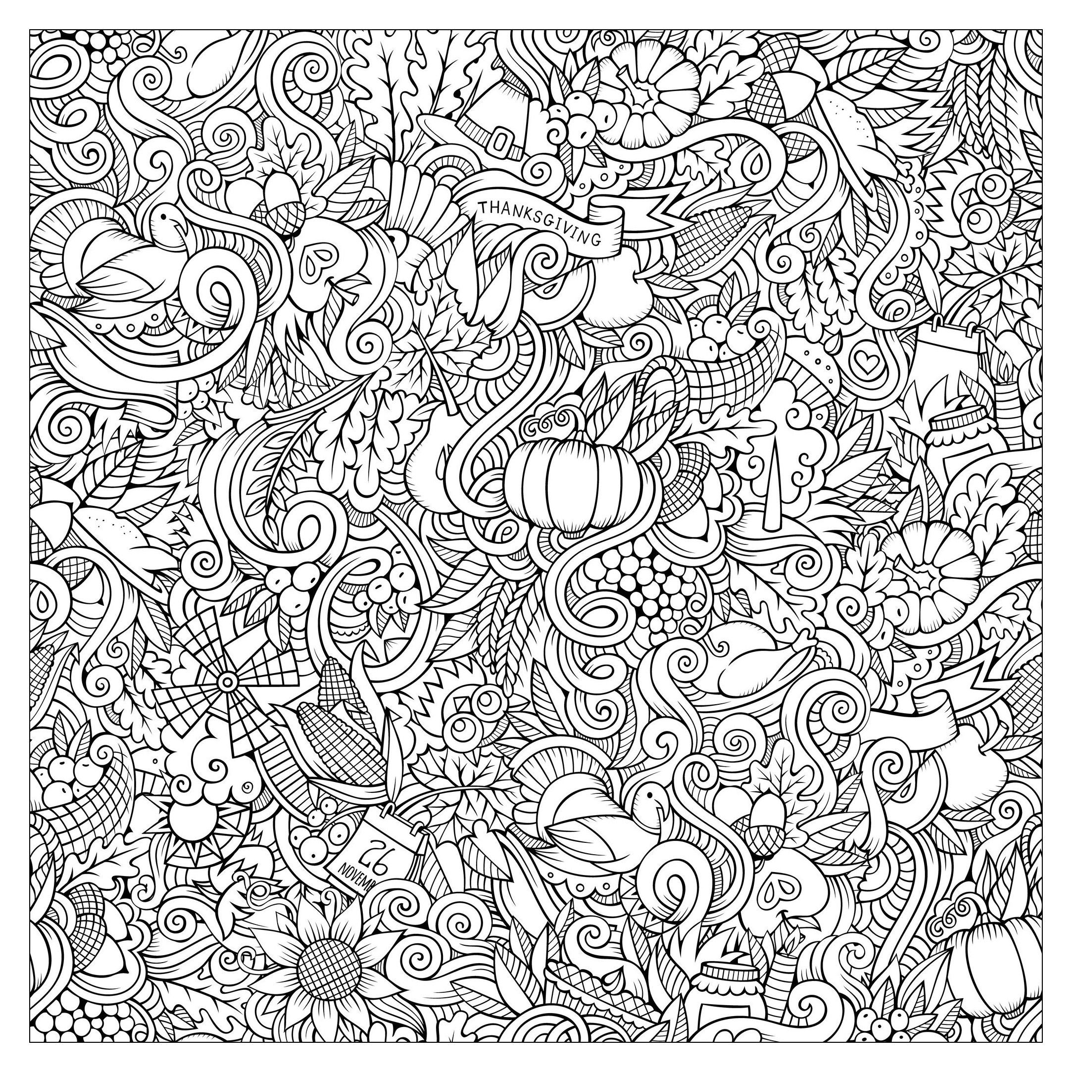 2166x2166 Hand Drawn Doodles To Color On The Subject Of Thanksgiving