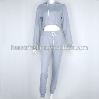 350x350 Womens Gray Hooded Crop Sweatshirt Drawing Jogger Pants Fleece