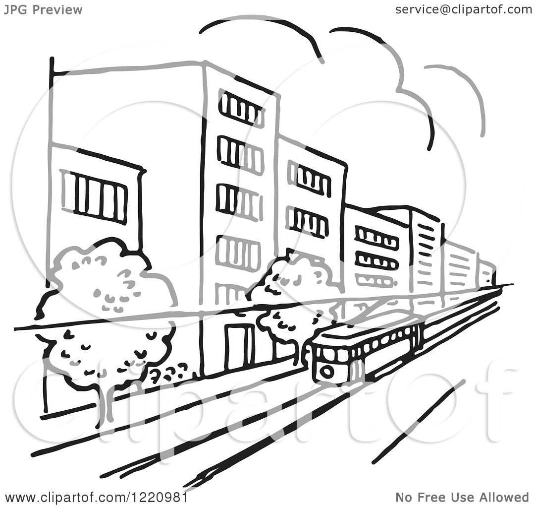1080x1024 Clipart Of A Black And White Tram In A City