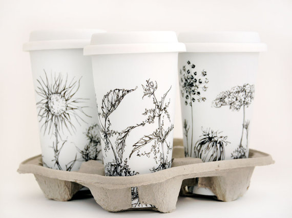 570x426 Custom Botanical Drawing On White Ceramic Eco Friendly Travel Mug