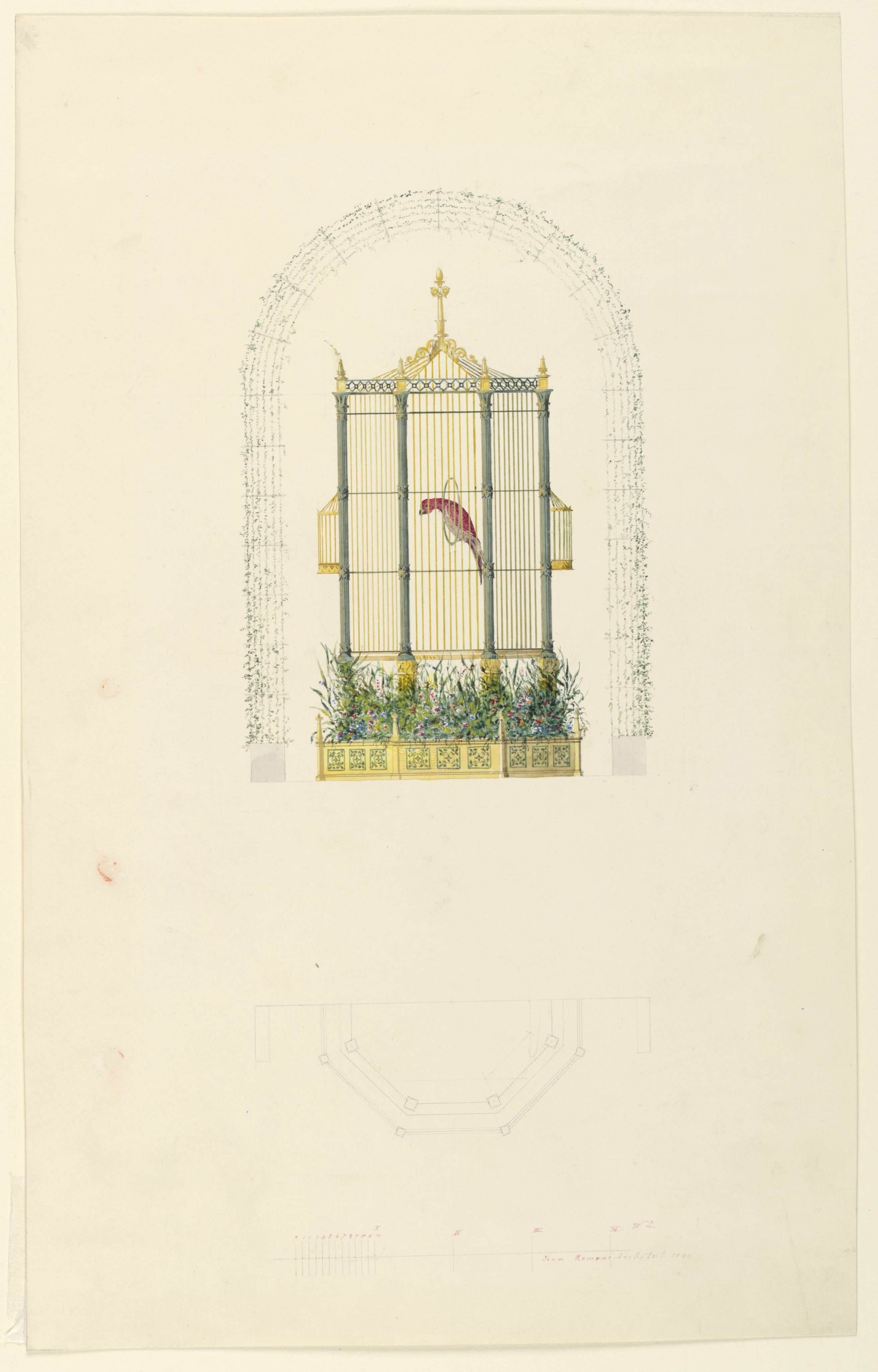 2622x4095 Filedrawing, Elevation And Plan Of A Bird Cage With Plant Stand