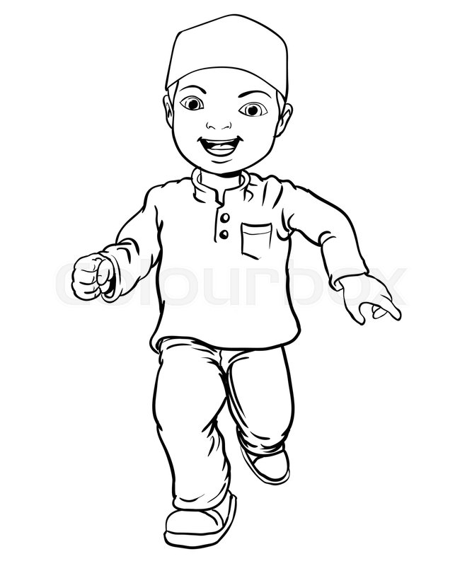 667x800 Hand Drawing Happy Muslim Boy Make Running. Brown Trousers, Yellow
