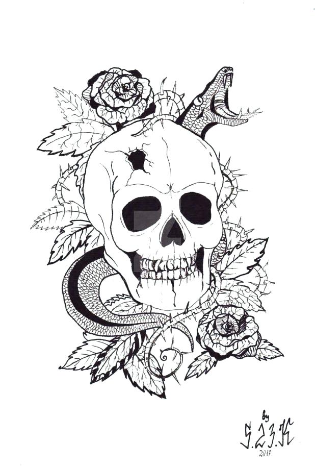 618x917 Roses Tattoo Outline Attractive Snake With Skull And Roses Tattoo
