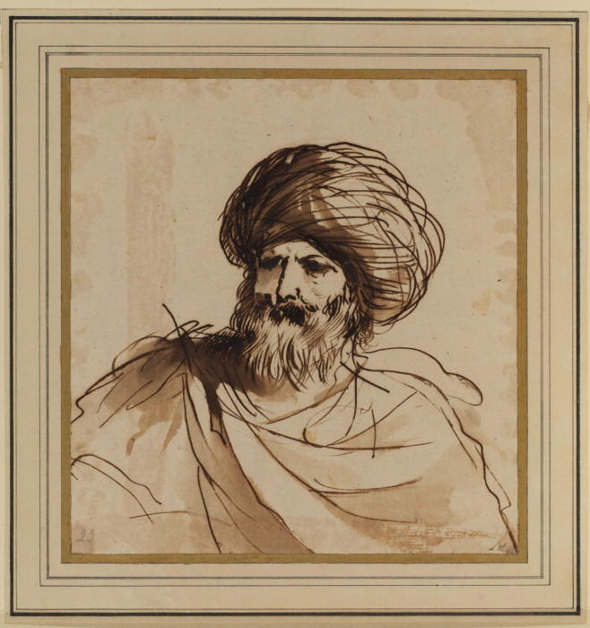 658x700 Head Of A Bearded Man Wearing A Turban, Drawing By Guercino