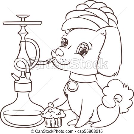 450x452 Happy Golden Cartoon Puppy Smoking Hookah In Turban. Cute Little