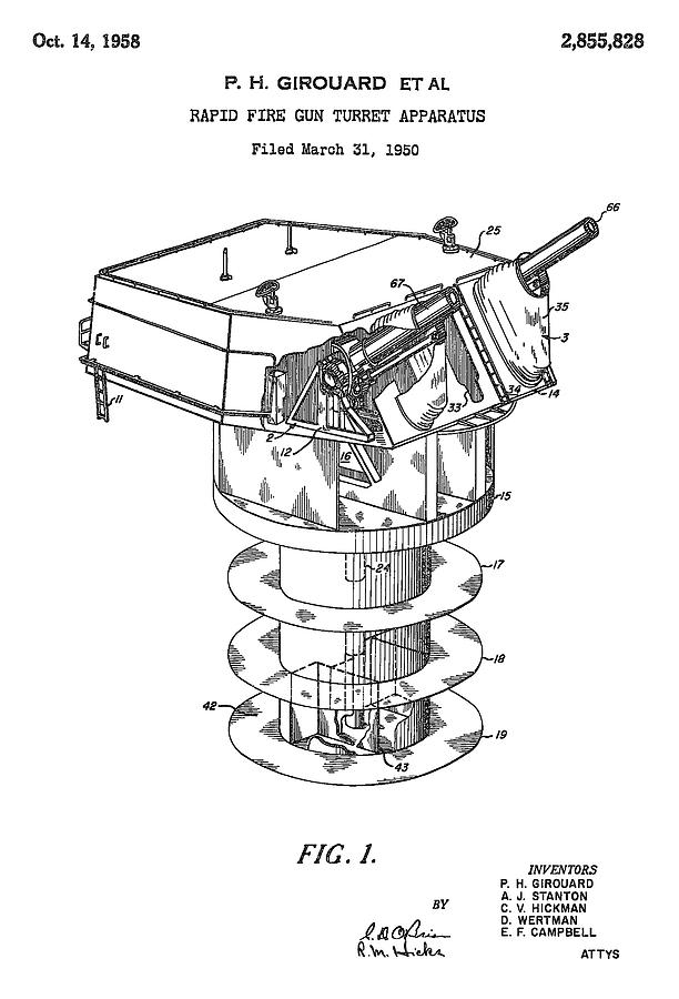 612x900 Patent Drawing For The 1950 Rapid Fire Gun Turret Apparatus By