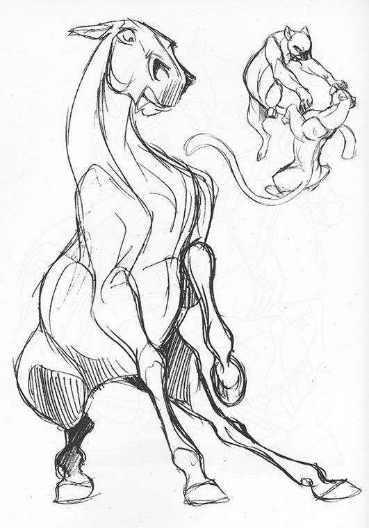 531x759 Sketch Of Frightened Horse, And Two Big Cats Fighting Drawing