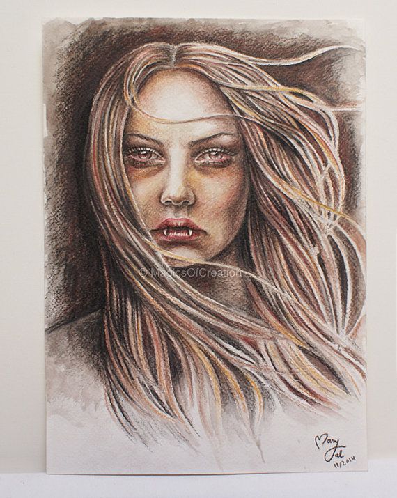 570x715 Vampire Drawing, Original Portrait Drawing Color Pencil Drawing