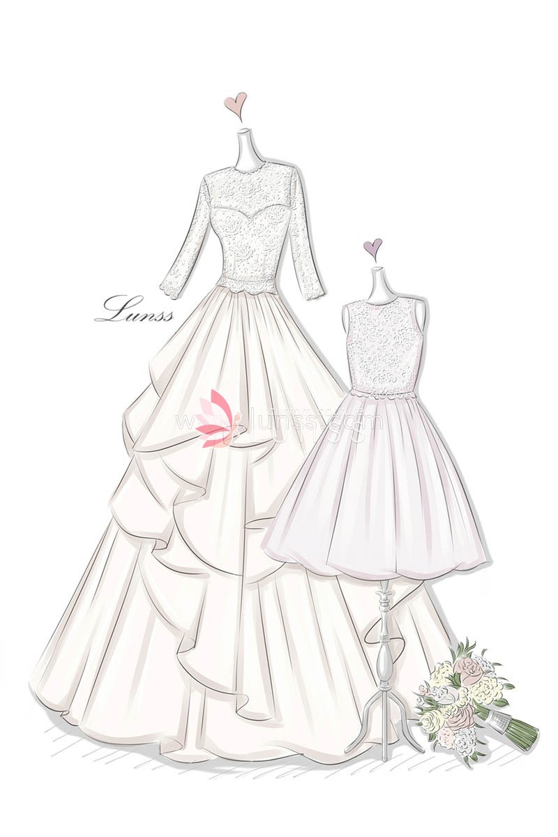 800x1200 Sketch Of Illusion Lace Appliqued Tiered Wedding Dress And Flower
