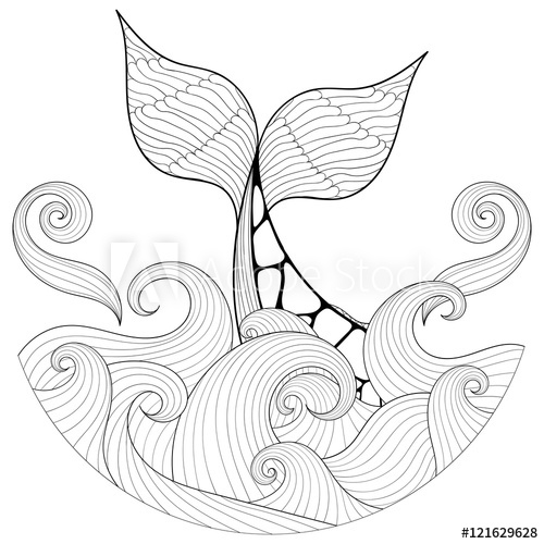 500x500 Whale Tail In Waves, Zentangle Style. Freehand Sketch For Adult