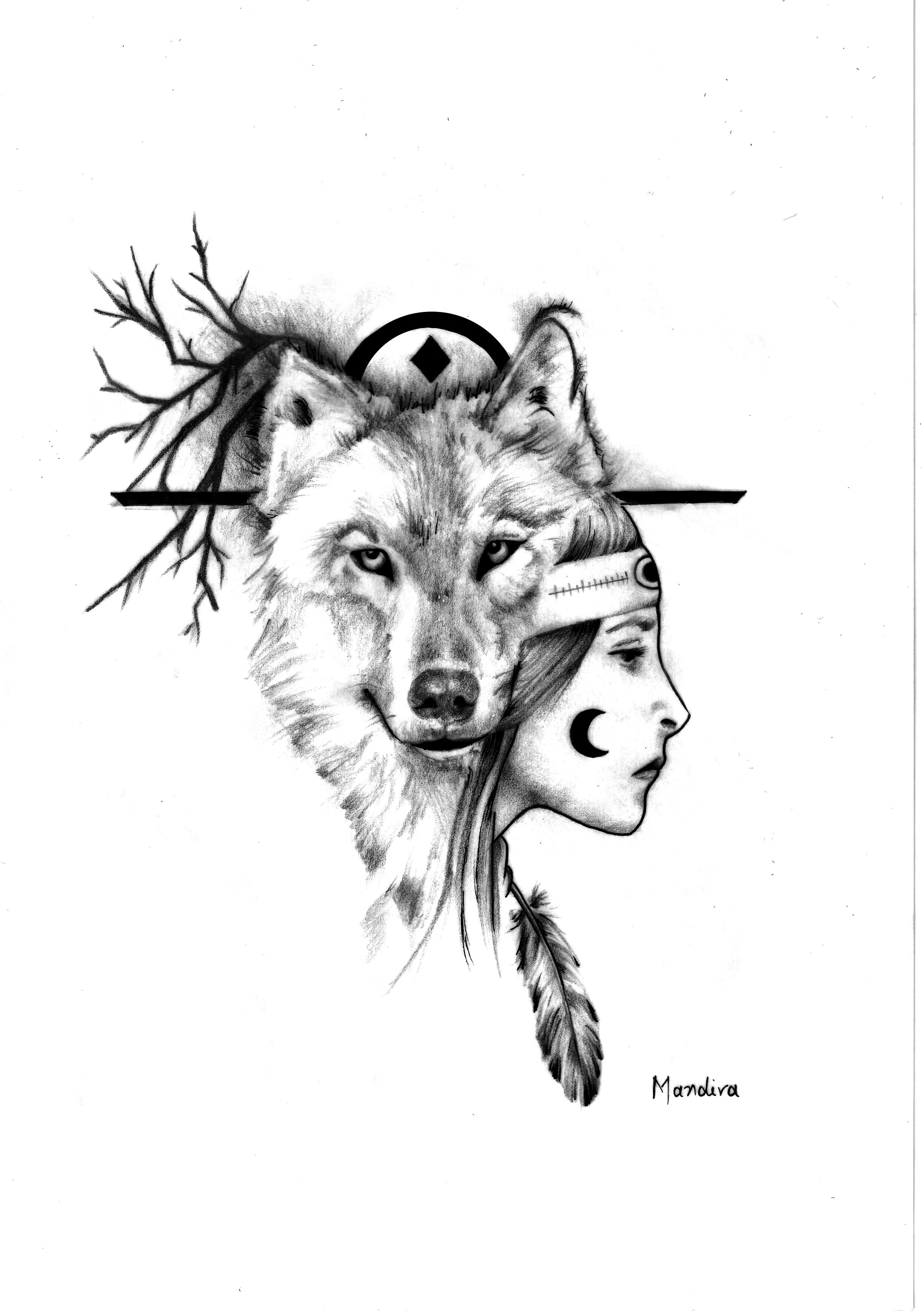 2448x3472 Native American Girl With Wolf Realistic Tattoo Design By Mandira