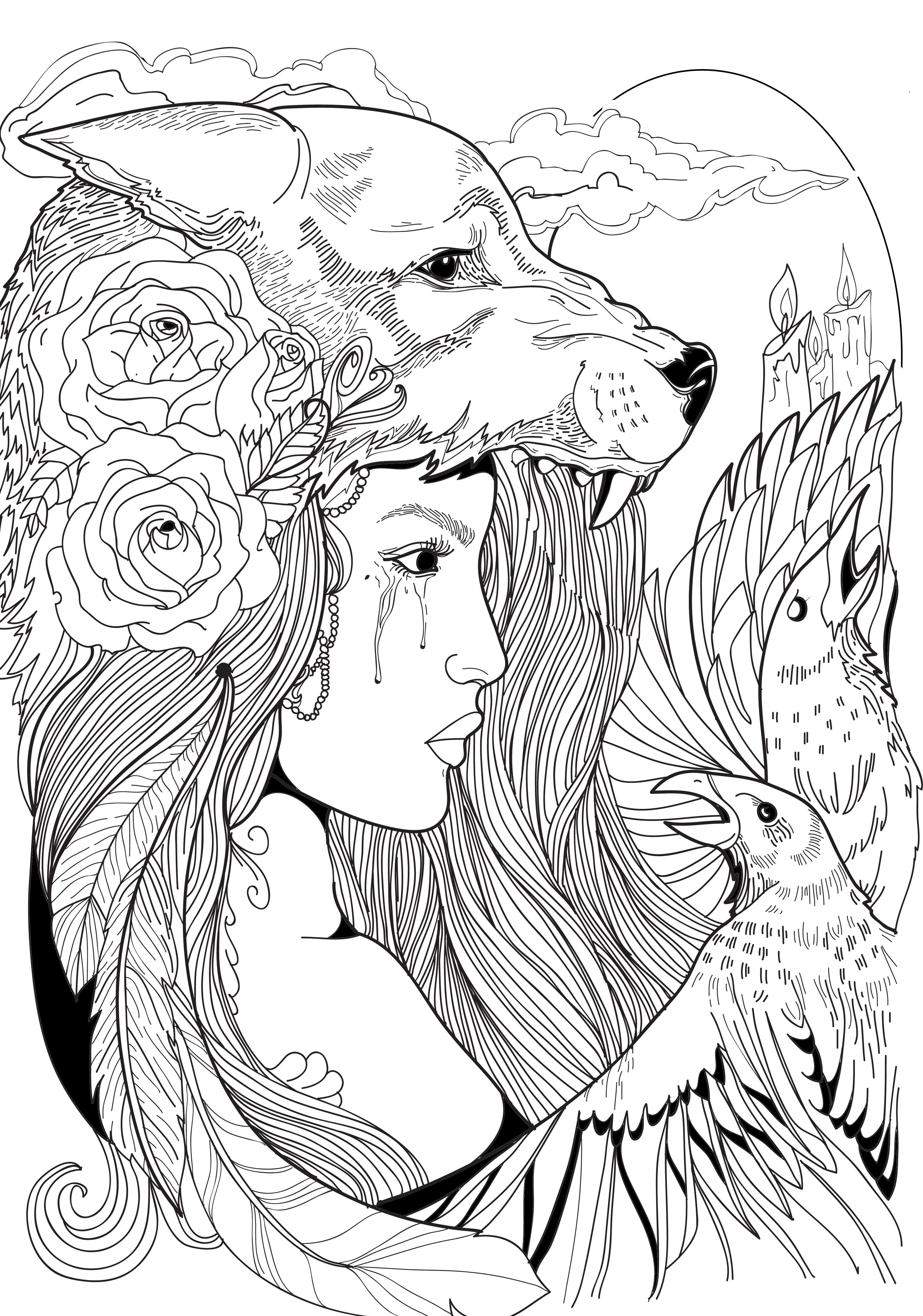 3525x5025 Wolf Woman Crow Roses Feathers. Linework. Tattoo Illustration